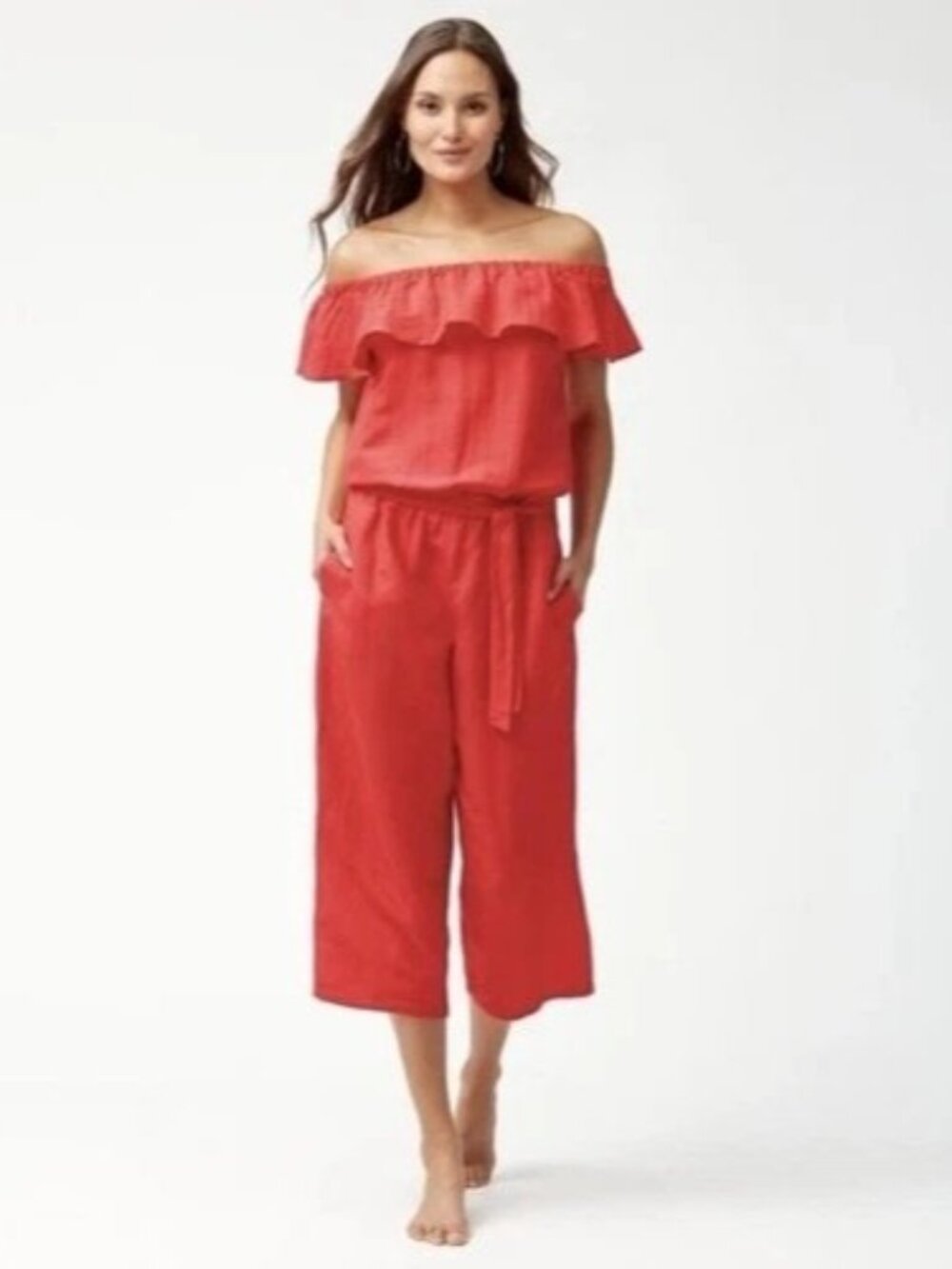 Tommy Bahama Cerise M Red Linen blend Off Shoulder Wide Leg Romper Jumpsuit